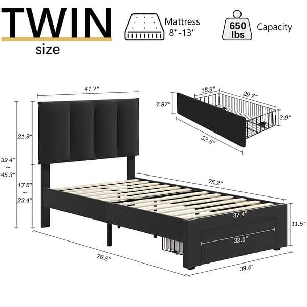 dimension image slide 14 of 17, Javlergo Bed Frame with Storage Drawers Upholstered Platform Bed Frame with Adjustable Headboard
