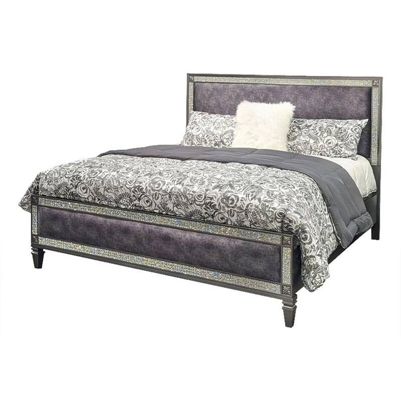Laine Queen Bed, Glam Crystal Acrylic Trim, Gray Fabric Upholstered