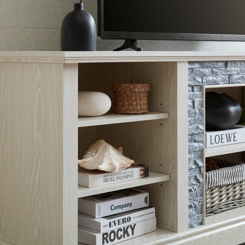 70" White Modern TV Stand with Faux Stacked Stone Surround, Large Media Console Cabinet for TVs up to 75"