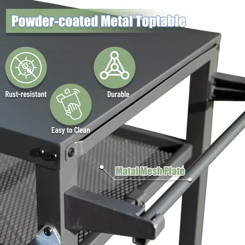 GDFStudio - Kendrick 3-Tier Outdoor Grill Table with Rolling Wheels and Multifunctional Prep Surface