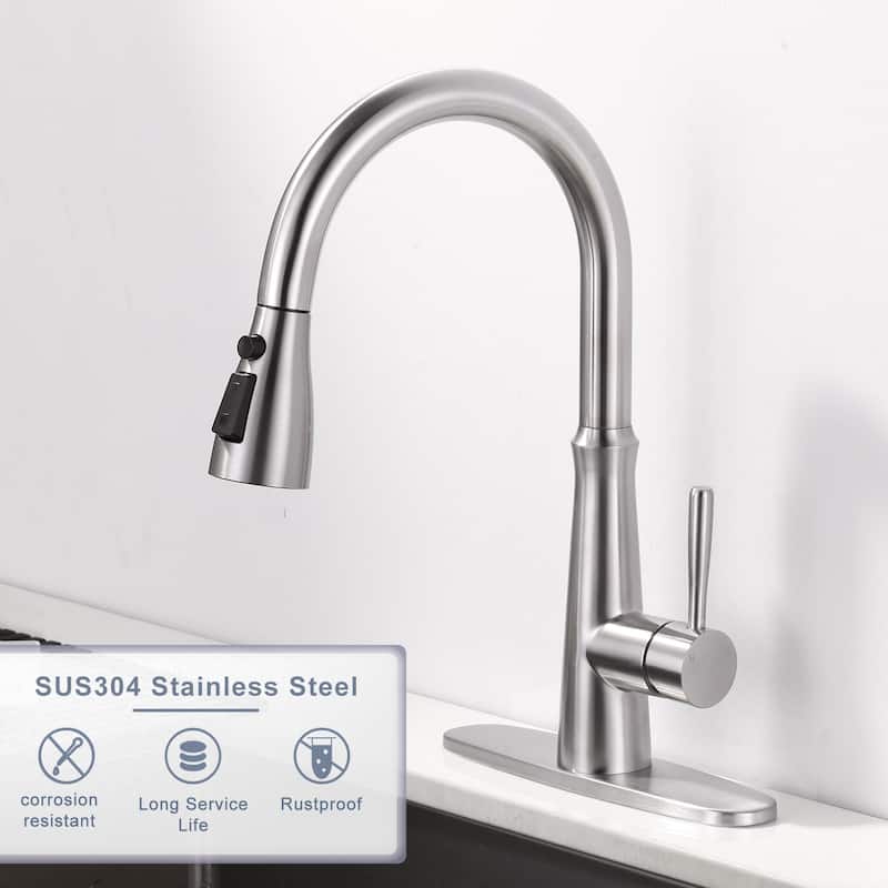 WOWOW Single Handle 3-Mode Pull Out Sprayer Kitchen Faucet