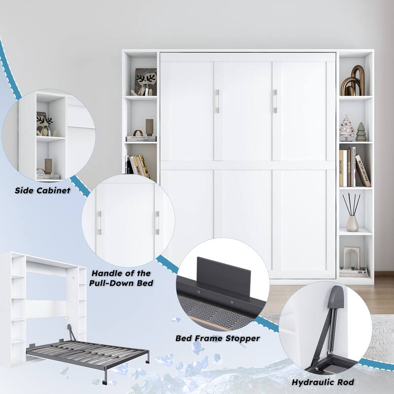 Queen Size Murphy Bed Foldable Wall Bed Frame Cube Cabinet Bed, Solid Wood Support Strips Platform Bed, Save-Space Hidden Bed