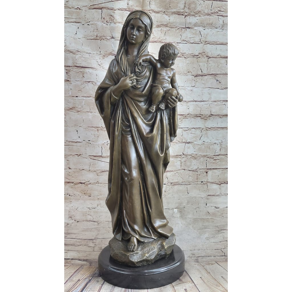 Madonna Virgin Mary W/ Baby Jesus Bronze Statue Sculpture Figure 23 Inches X 8 Inches