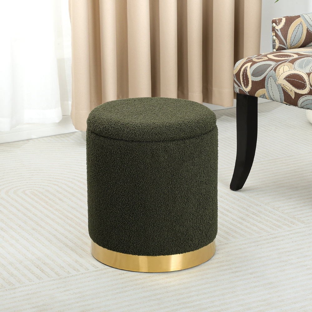 Adeco Velvet Round Storage Stool Gold Plating Base Storage Ottoman