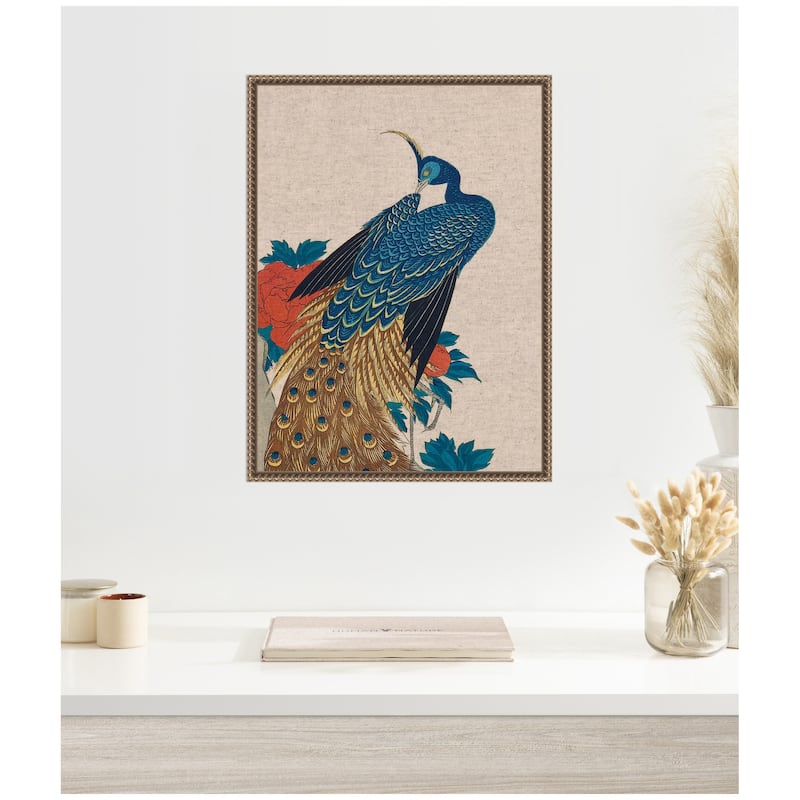 Kate and Laurel Sylvie Peacock and Peonies 1840 Utagawa Hiroshige Neutral Linen Framed Canvas by The Art Institute of Chicago