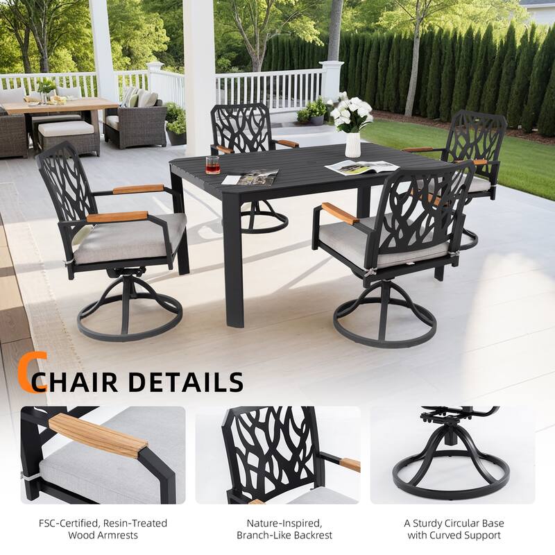 5 Piece All Weather Outdoor Aluminum Rectangular Dining Table Set with 4 Swivel Rocking Chairs
