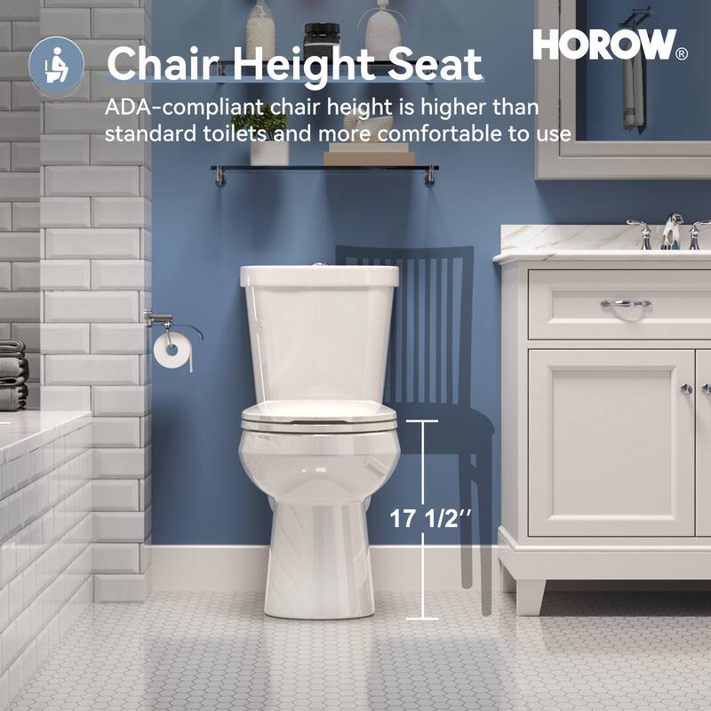 HOROW 2 Piece ADA Height Dual Flush Elongated Toilet White 1.1/1.6 GPF Strong Flush Soft Close Seat - 17 Inch