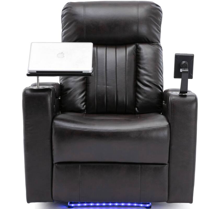 Roomfitters Power Recliner Seat with Storage Arms Cupholders Swivel Tray and Phone Stand, Brown