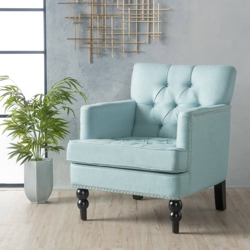 Roomfitters Tufted Club Chair, Upholstered Fabric Armchair with Nailhead Trim and Birch Wood Legs - Light Blue