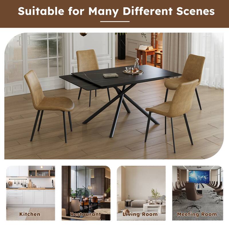 Retractable Sintered Stone Dining Table Set,with steel legs and a cross-leg structure at the bottom(Table + 4 Chairs)