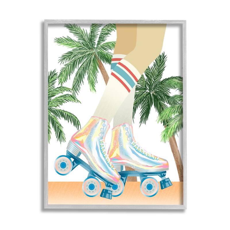 Stupell Retro Pop Roller Skates Tropical Palm Tree Summer Framed Wall Art - 24 x 30 - Grey