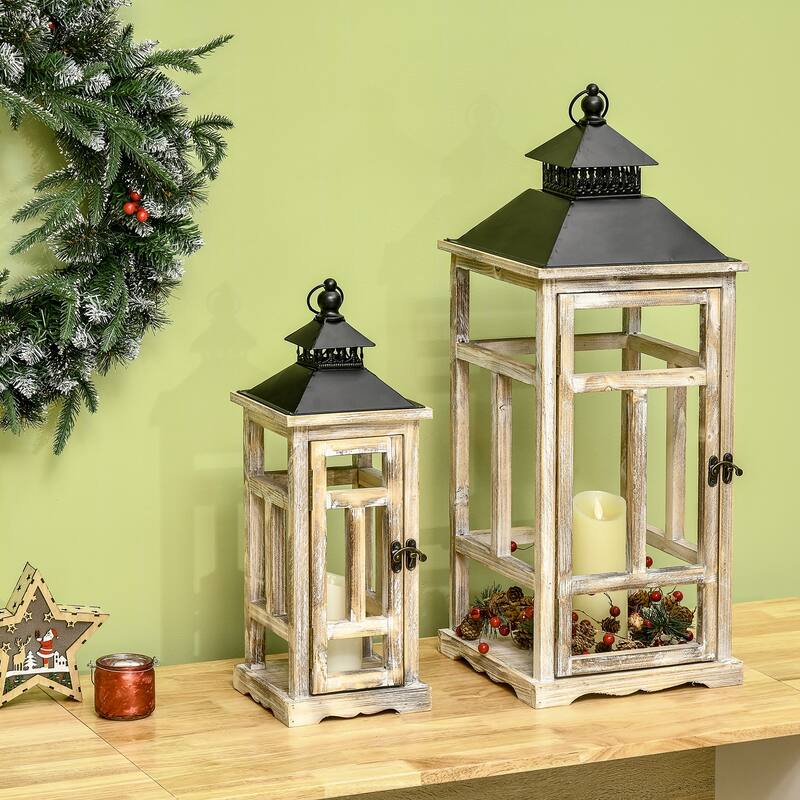 HOMCOM 2 Pack 31"/22" Large Rustic Lantern Decorative, Hanging Wooden Metal Indoor/Outdoor Lantern - Multi - Metal - Indoor