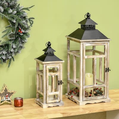 HOMCOM 2 Pack 31"/22" Large Rustic Lantern Decorative, Hanging Wooden Metal Indoor/Outdoor Lantern