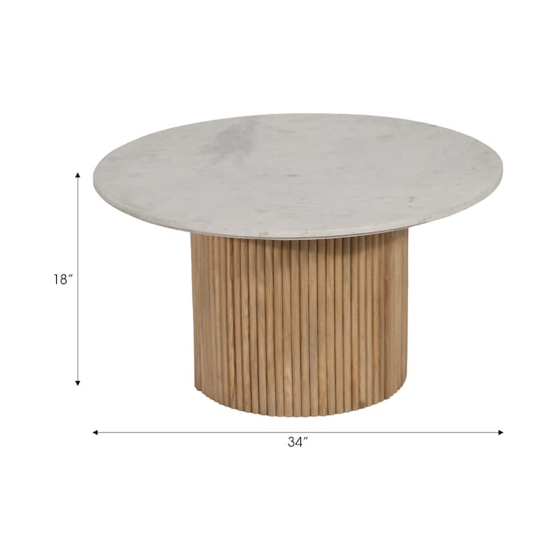 Sagebrook Home Mango Wood & Marble Accent Table with Reeded Base, MDF Support, and Contemporary Cylinder Design