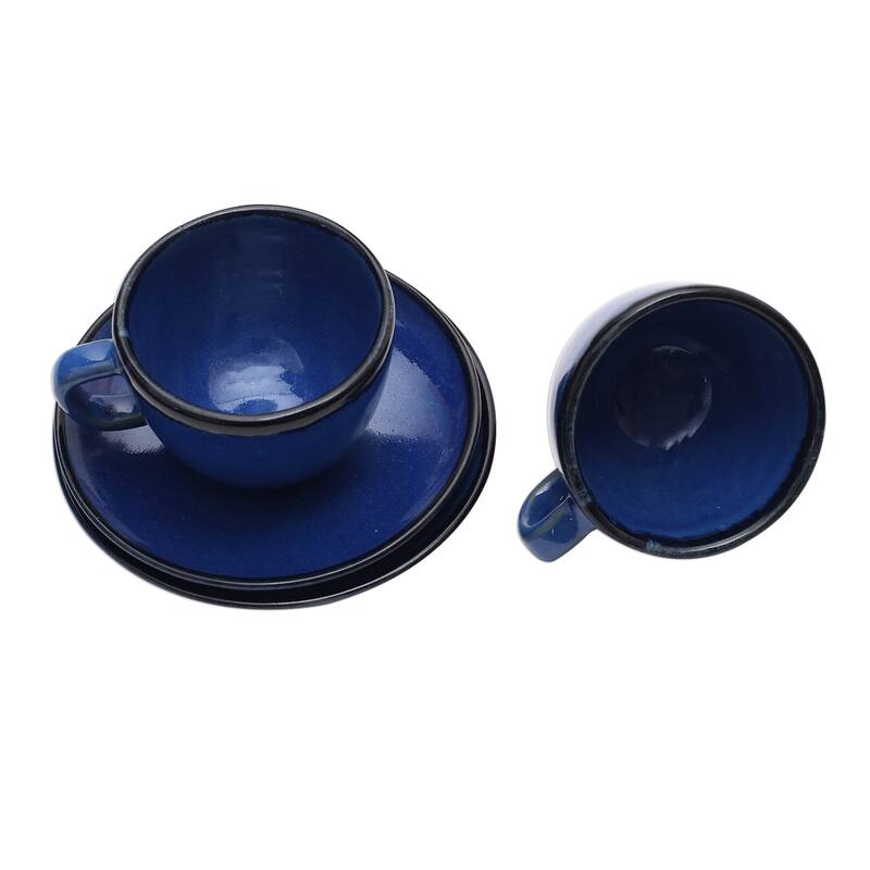 Novica Handmade Relaxing Blue Ceramic Cups And Saucers (Pair)