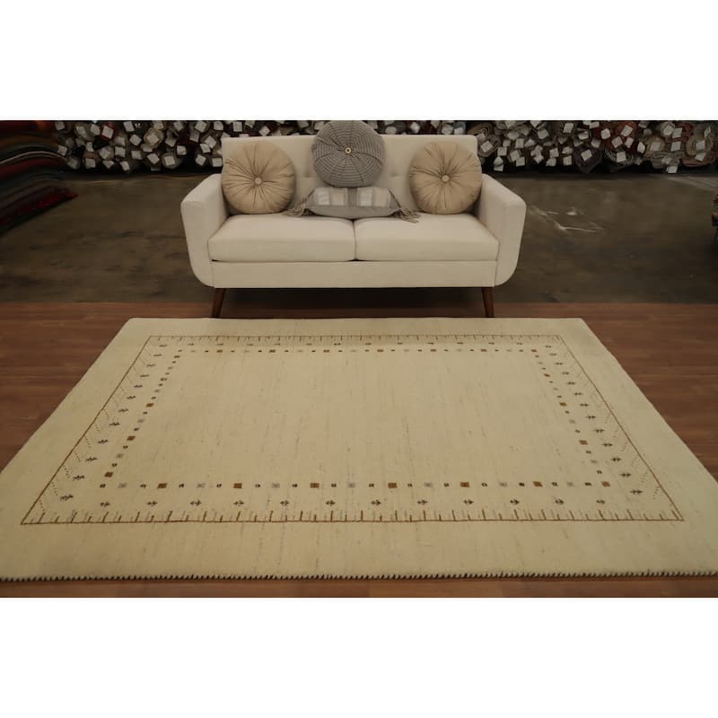 Hand Knotted Oriental 100% Wool Carpet Modern Modern Beige & Ivories Gabbeh Area Rug - 7' 8'' X 5' 6''