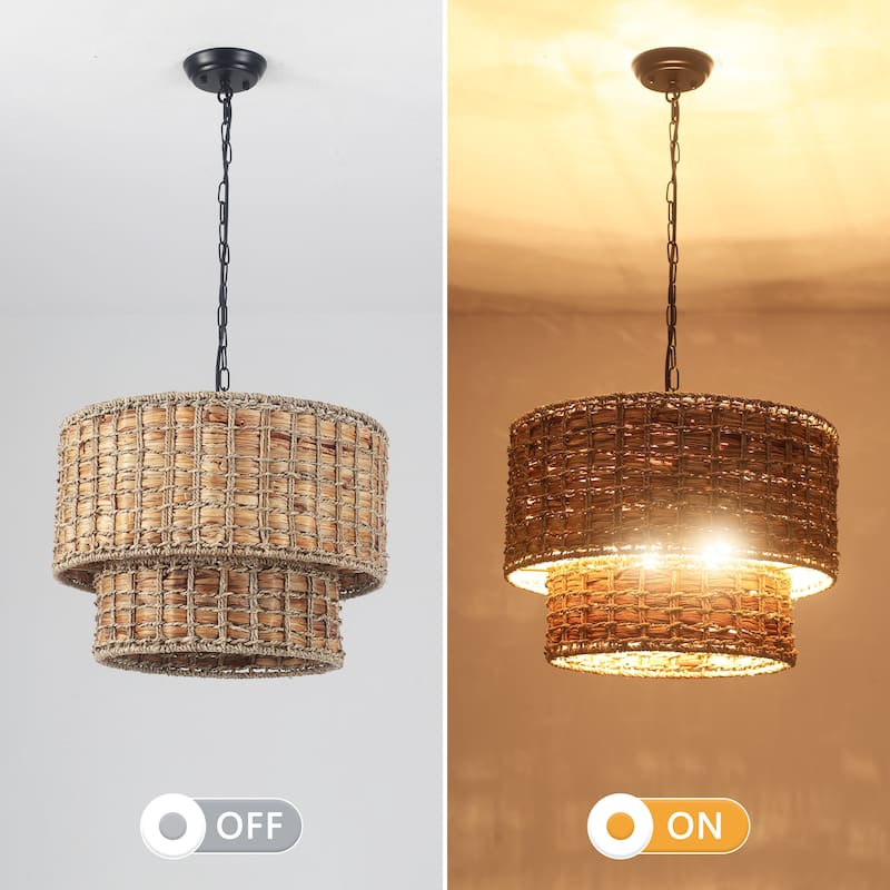 18.9 in. 5-Light Hemp Rope Weaving Drum Chandelier, Bohemian Style Chandelier, Handwoven Semi Flush Mount Chandelier