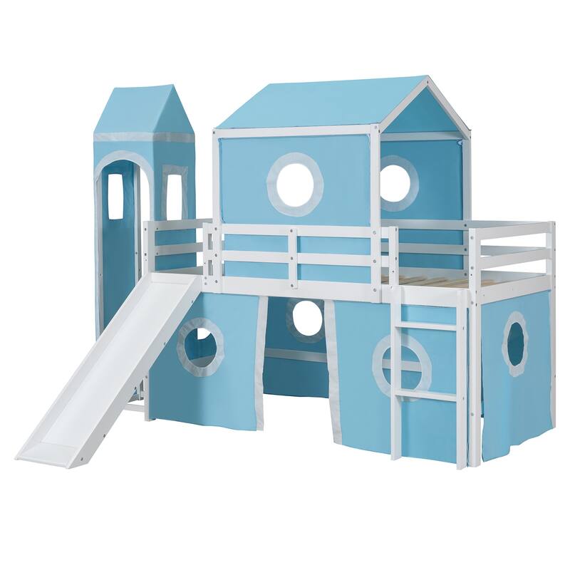 Blue Twin Size Loft House Bed with Slide, Tent, & Tower
