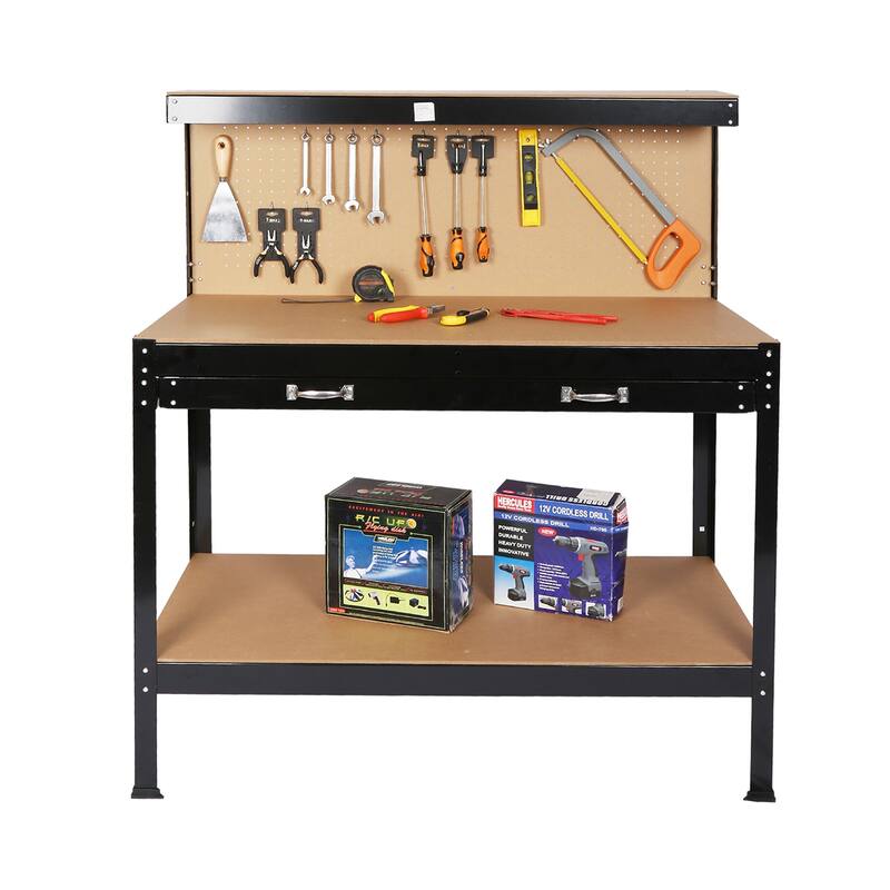 Steel Tool Storage Workbench, Hardwood Tools Table Workstation with Drawer, Peg Board for Workshop, Home