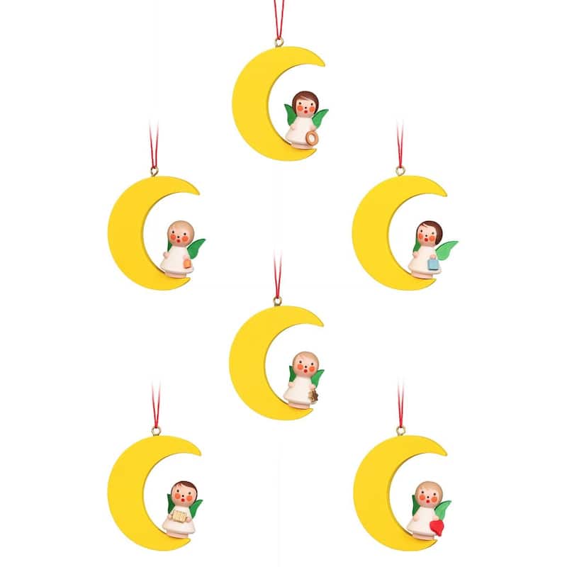 6 Yellow Beige Green Handcrafted Angels on Moon Ulbricht Ornaments 2"