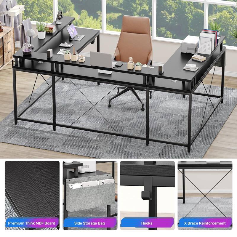 U Shaped Desk, 126 Inch Gaming Desk with Monitor Stand and LED Lights
