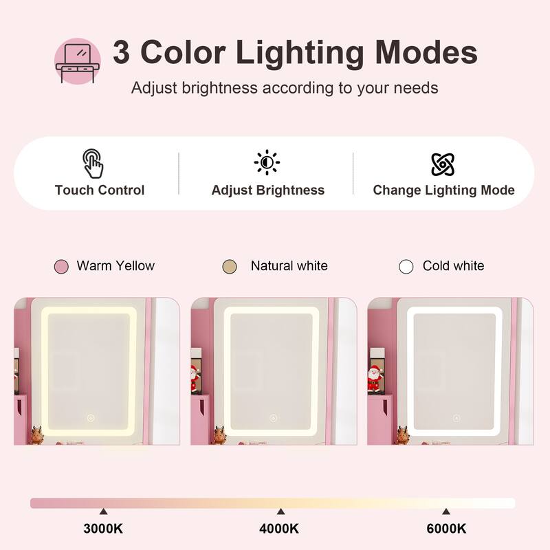 3-Color LED Vanity Mirror with Stool, Pink Dressing Table for Bedroom, 2 Drawers & 5 Storage Cabinets (4 Open + 1 Hidden)