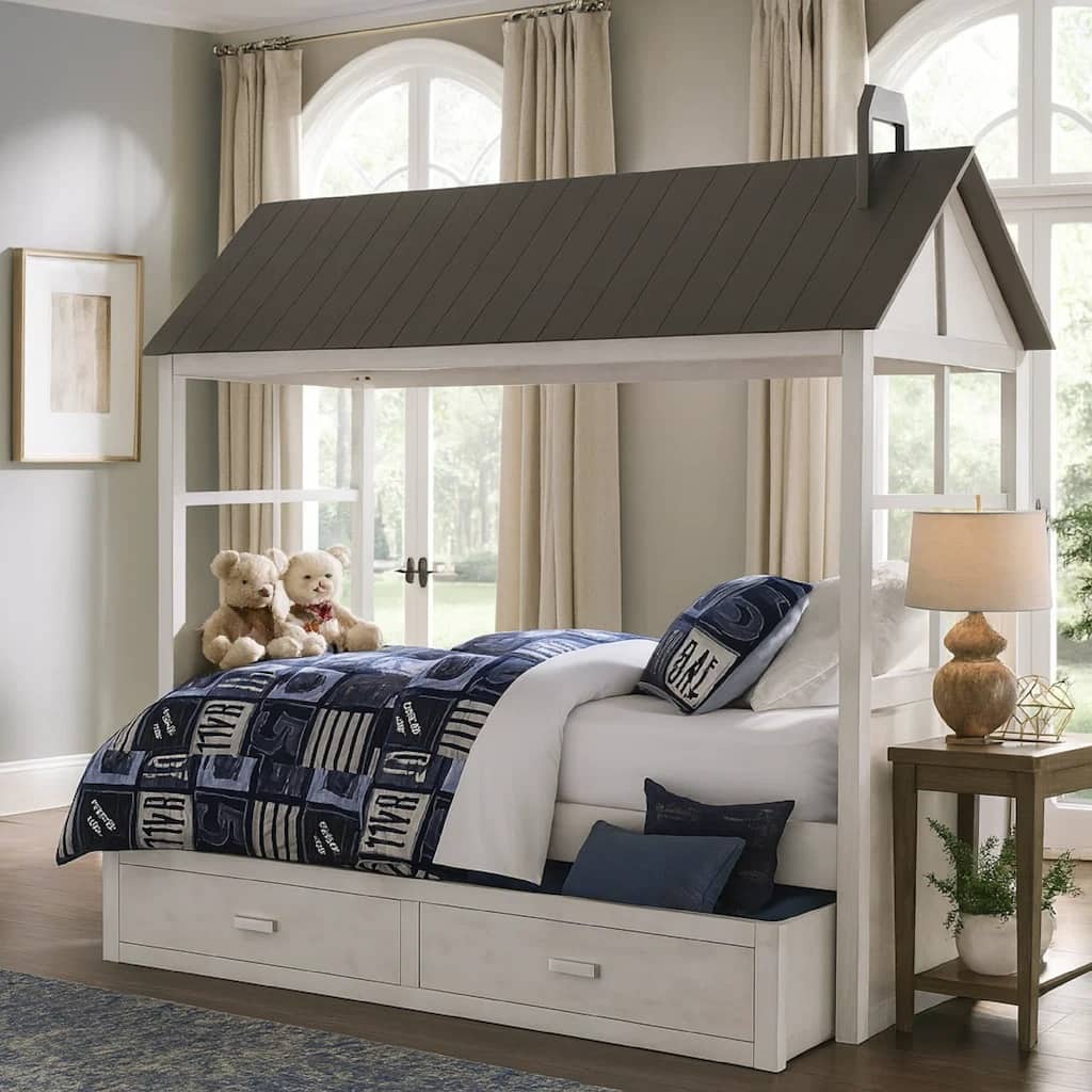 Tree House Design Wooden Twin Size Bed with Trundle, White and Gray