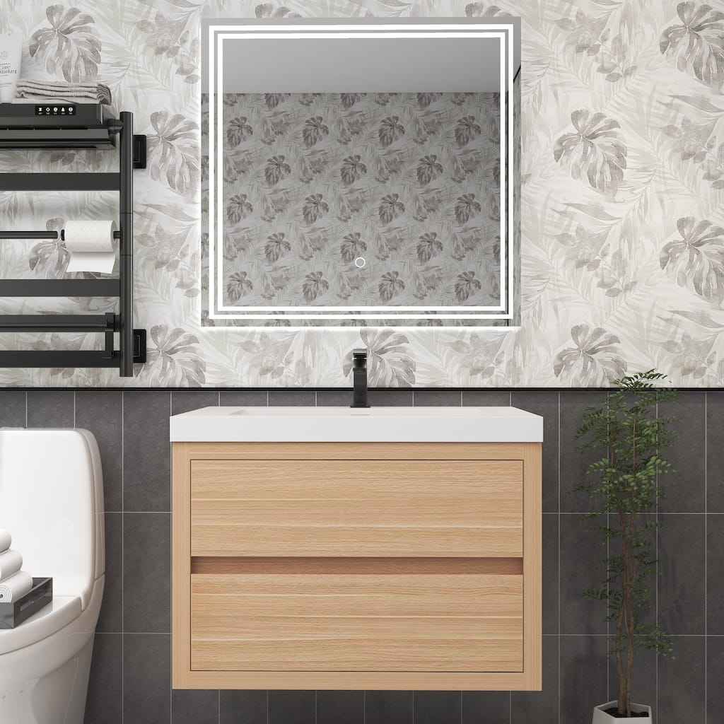 Modern 30" Floating Bathroom Vanity with Integrated Acrylic Sink and Soft Close Drawers in White Oak (Louis Collection)