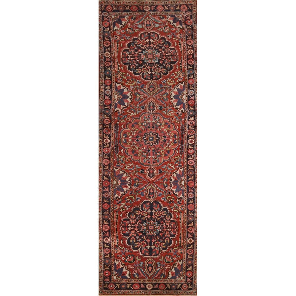 Hand Knotted Oriental 100% Wool Carpet Traditional Floral Red Heriz (serapi) Runner Rug - 12' 8'' X 3' 4''