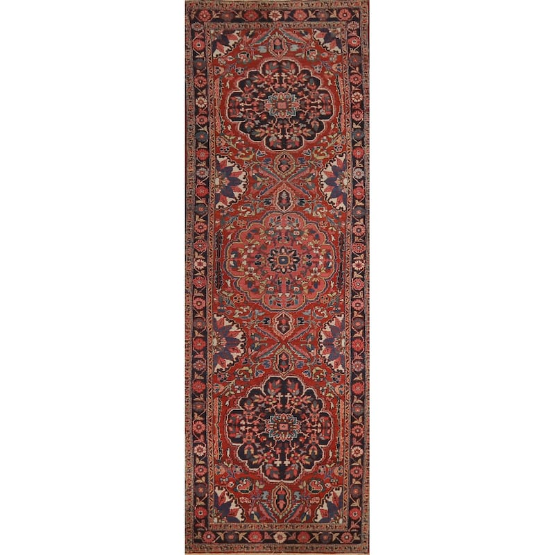 Hand Knotted Oriental 100% Wool Carpet Traditional Floral Red Heriz (serapi) Runner Rug - 12' 8'' X 3' 4''