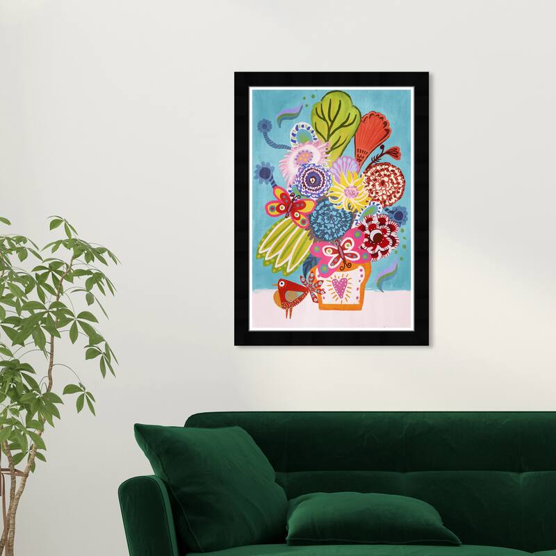 "Colorful Floral Butterflies", Boho Birds and Flowers Modern Blue Framed Wall Art Print for Bedroom