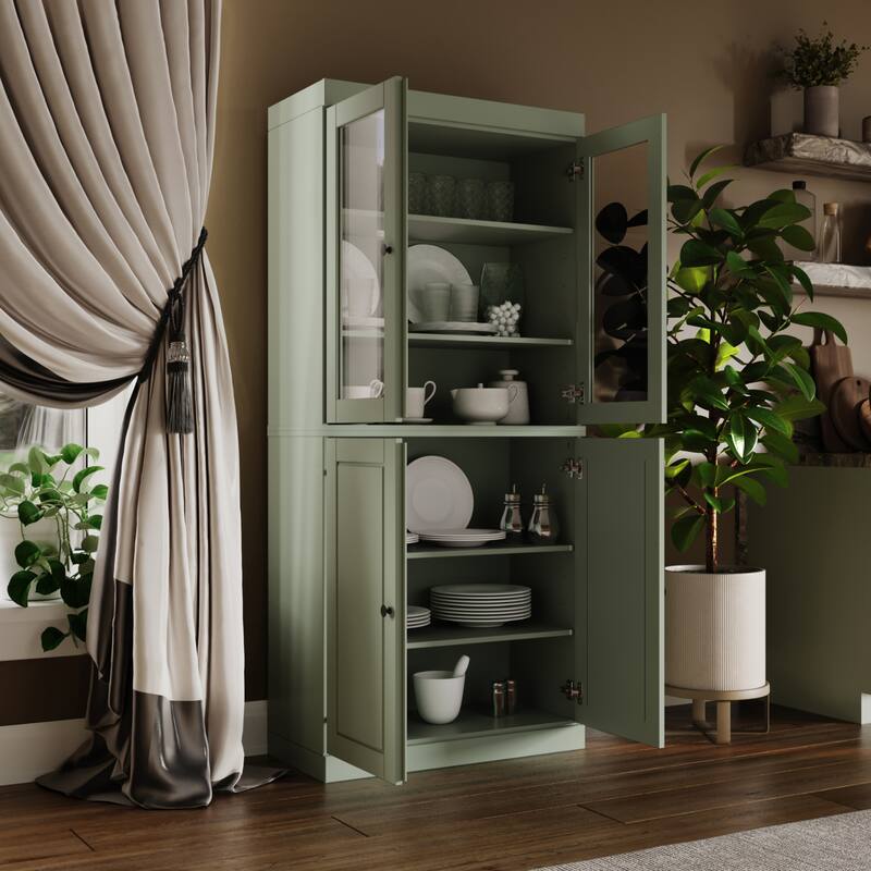 Palace Imports 100% Solid Wood Pantry Cabinet, Raised Panel & Clear Glass Doors, Adjustable Shelves, 32" Wide, 71.5" Tall