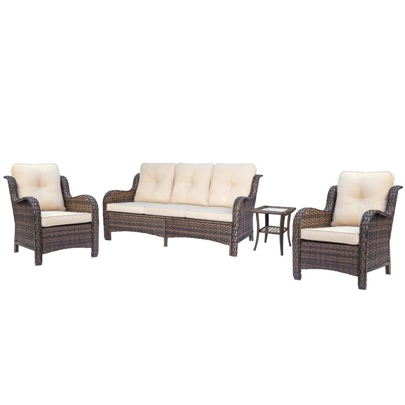 Brown Wicker Outdoor Patio Furniture Sofa Set with Denim Blue Cushions