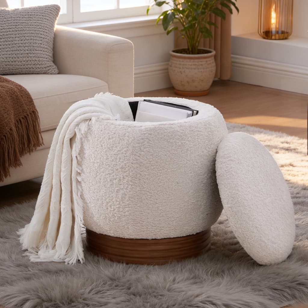 Round Storage Pouf Ottoman Footstool, Fully Assembled with Flip-top and Acacia Wood Frame