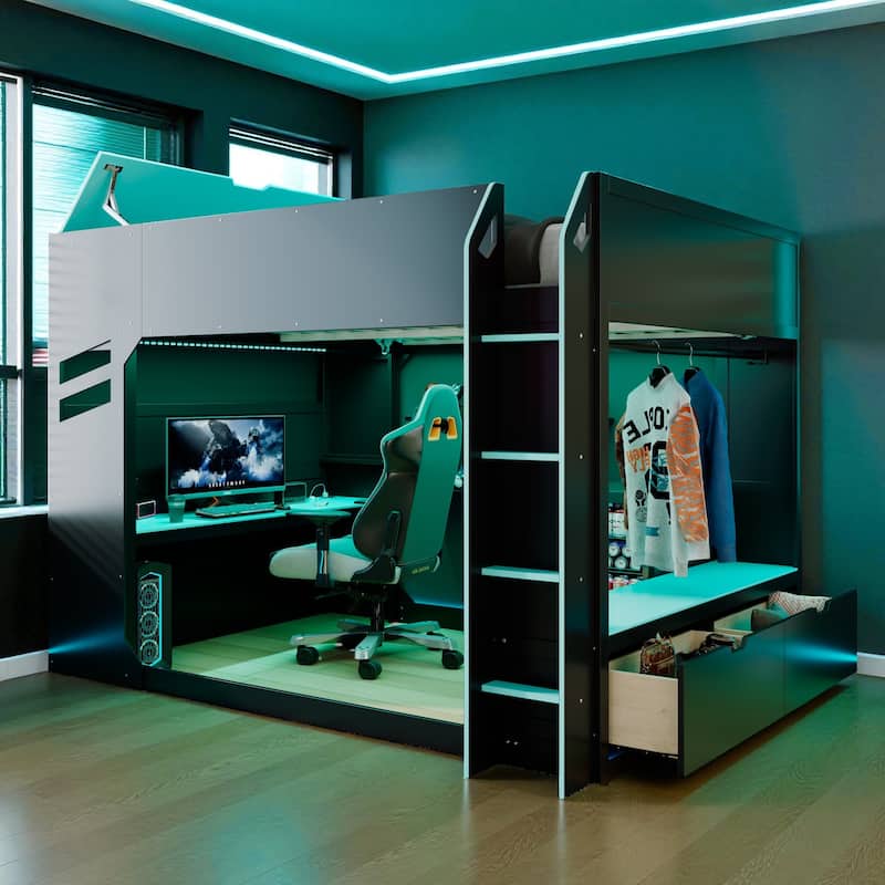 Full Size Wood Loft Bed with Adjustable Desk, Drawers, Storage Shelves, Hanging Rod and RGB LED Lights - Blue - Full