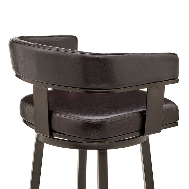 38”H Chocolate Faux Leather Swivel Bar Stool with Iron Frame and Low Back for Kitchen Seating - 38" H x 22" W x 20" D