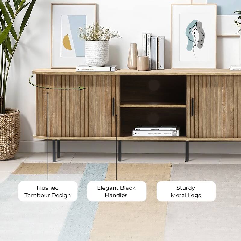 Mid-Century Modern 2-Door 55.1-Inch Wide TV Console with Slatted Slidng Doors - 21.7" H x 55.1" W x 15.75" D