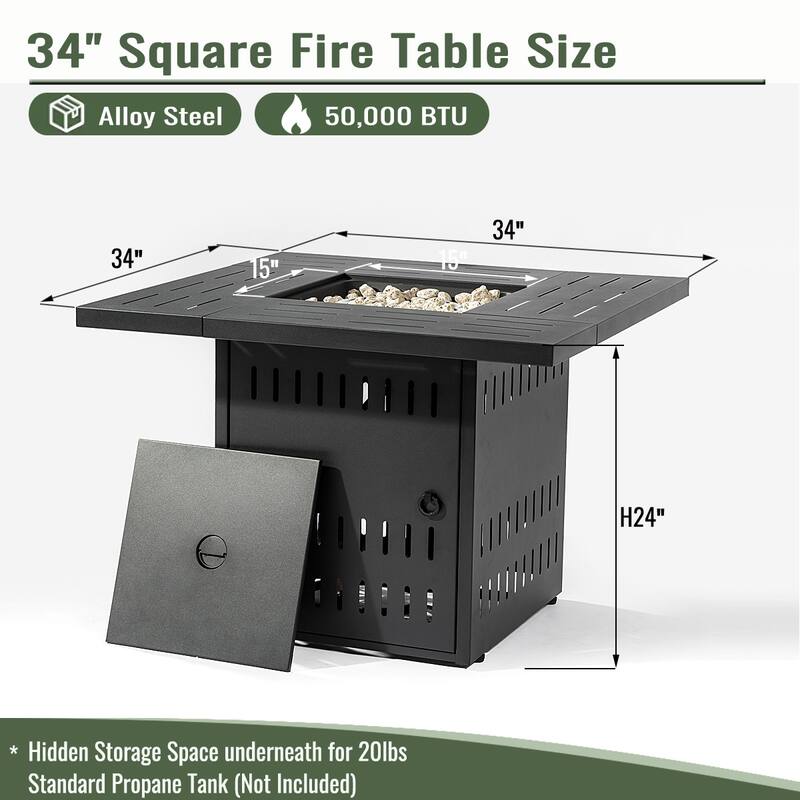 34" Propane Rectangular Steel Gas Fire Pit Table with 50000 BTU