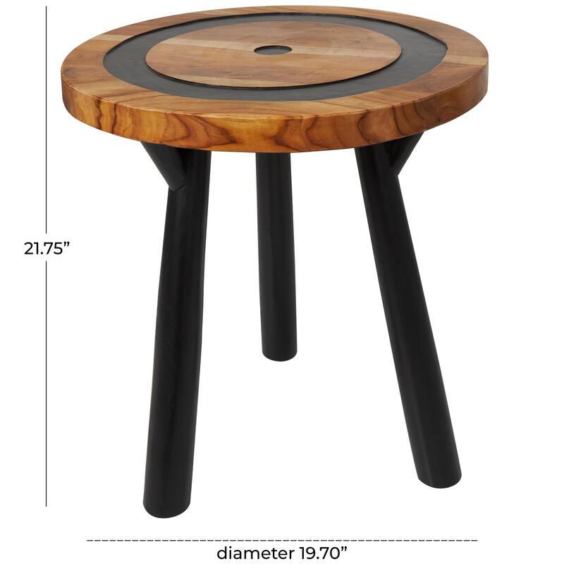 Teak Wood Geometric Layered Circle Accent Table with Black Legs - Brown - Roche River Decor