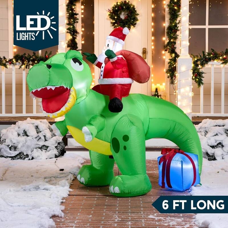 6 FT Christmas Inflatable Dinosaur with Build-in LEDs, Blow Up Dinosaur with Santa - Green