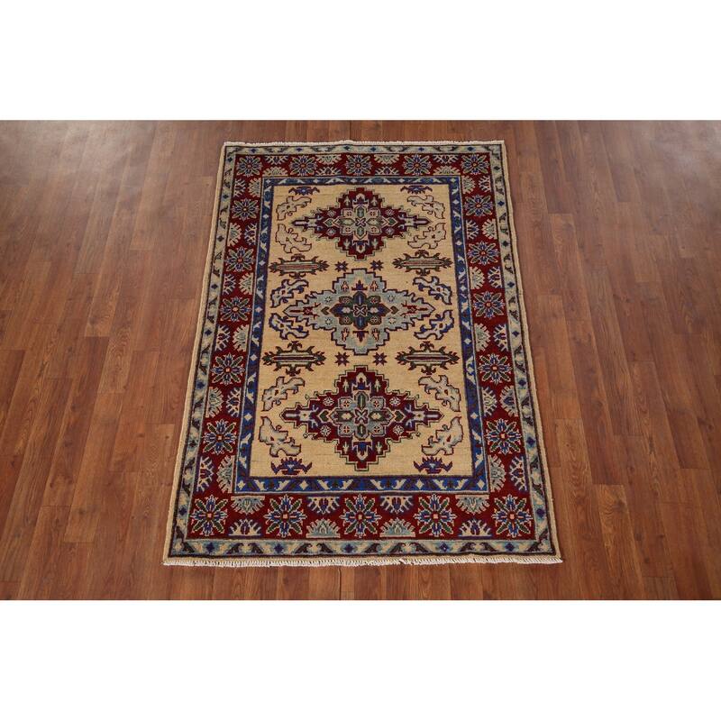 Geometric Kazak Accent Rug Handmade Yellow Wool Carpet - 3'6" x 5'1"