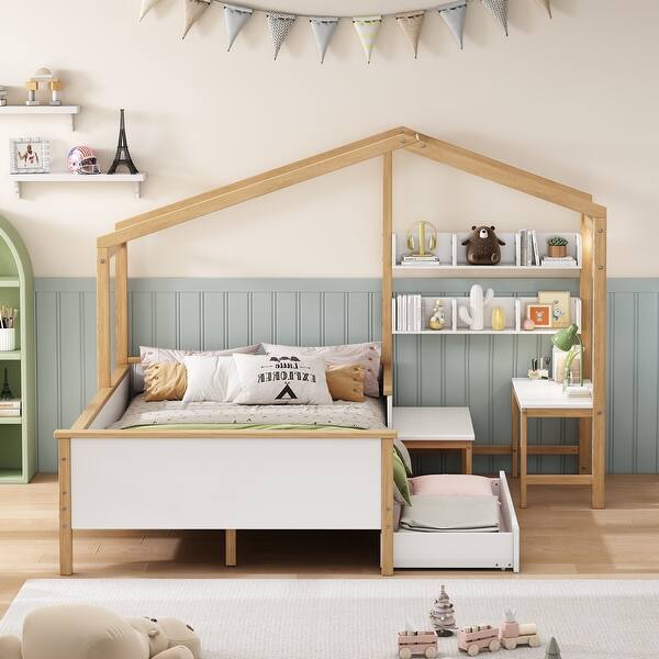 slide 2 of 11, Full House Bed with Built-in Desk and Bookshelves, Pine Wood Frame White+Natural