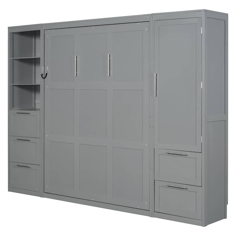 Queen Size Murphy Bed Hidden Bed with Wardrobe Drawers Shelves