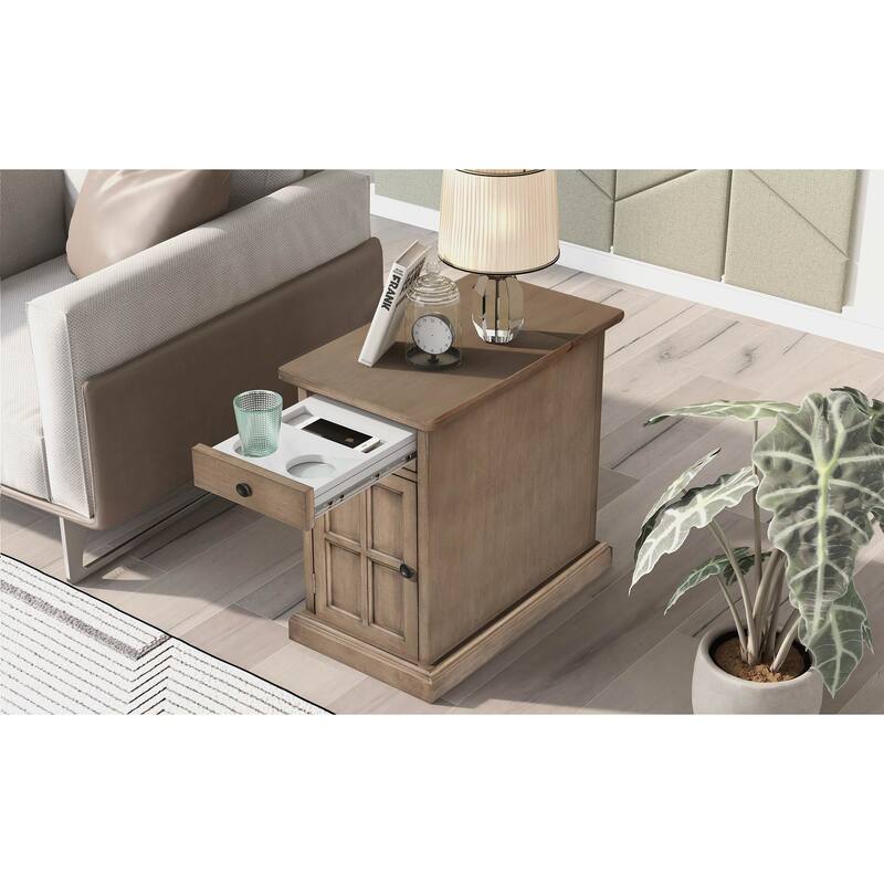 Classic Vintage Livingroom End Table, Side Table with USB Ports, and One Multifunctional Drawer with cup holders