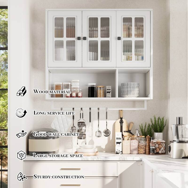 Bathroom Wall Cabinet,3-Door Wooden Cabinet with Open and Hidden Storage Space,Medicine Cabinet with Glass Door and Towel Bar