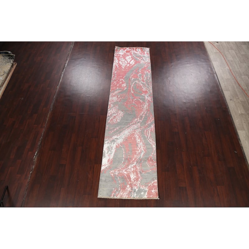 Wool/ Silk Vegetable Dye Abstract Oriental Runner Rug Hand-knotted - 3'1" x 12'2"