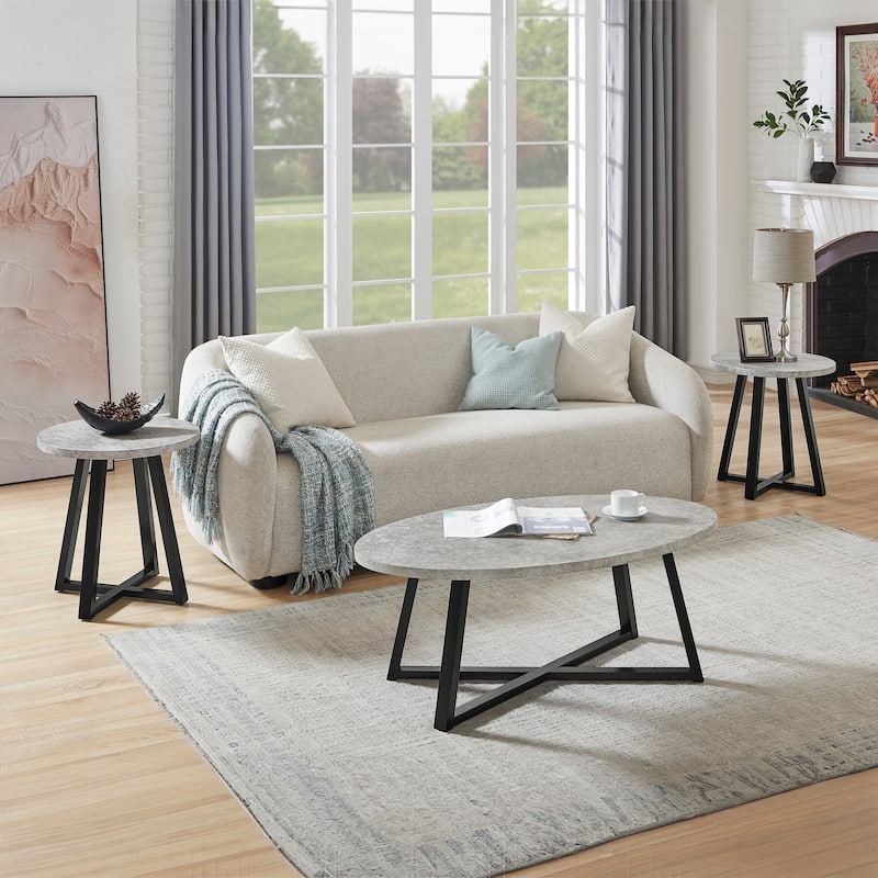 Roundhill Furniture Modern Harmony 3-Piece Wood Oval Coffee Table Set - Faux Concrete Gray