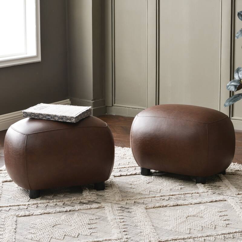 KINWELL 23" Wide Faux Leather Upholstered Ottoman Footrest, PU Entryway Footstool - Set of 2 - Dark Brown