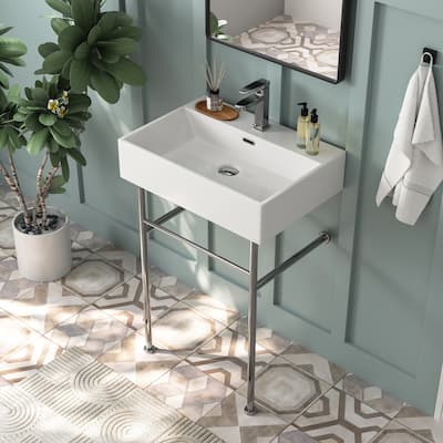 DeerValley 24" x 17'' White Rectangular Single Faucet Hole Console Bathroom Sink with Overflow - N/A