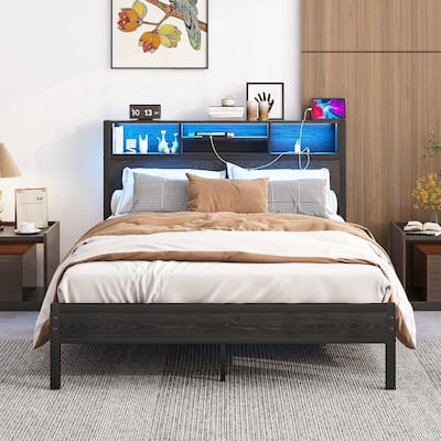 Bed Frame with Storage Headboard, Metal Platform Bed with Charging Station,Bookcase Storage